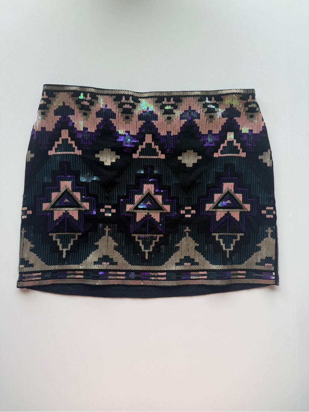Express Black and Purple Sequin Aztec Mini Skirt
